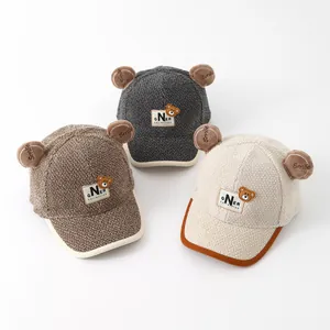 Kids warm fleece baseball caps with smile bear ears in brown grey and white colors
