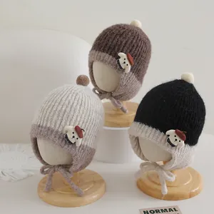 Baby Winter Knit Earflap Hat With Pom Pom And Cute Cartoon Dog Patch Windproof Warm Beanie For Toddler Kids Boys Girls