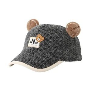 Winter kids bear ear baseball cap in dark grey fleece with cute Smile embroidery design