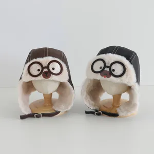 Kinder Winter Fliegermütze Mit Cartoon Vogel Brille Ohrenklappen Leifeng Hut Winddicht Warm Kunstleder Plüsch Kappe Für Jungen Mädchen