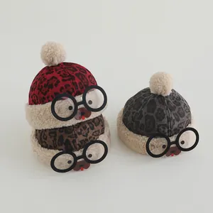 Kids Winter Leopard Print Beanie Hat With Cute Bear Glasses And Pom Poms Warm Faux Fur Fleece Lined Trapper Hat For Toddlers
