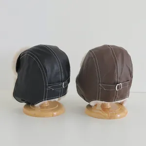 Gorros de aviador de cuero sintético negro y marrón con forro cálido de pelo sintético
