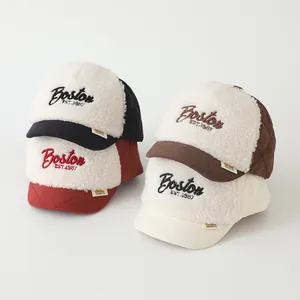 Kids Winter Warm Sherpa Baseball Cap For Boys Girls Quilted Letter Embroidery Boston Peaked Hat Autumn Toddler Outdoor Headwear
