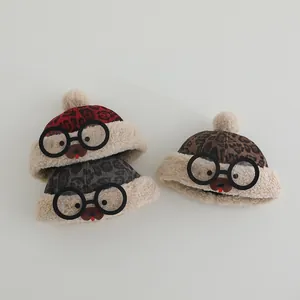 Plush leopard print kids winter beanies with cartoon bear and glasses in three colors