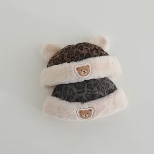 Winter leopard print baby bear hats with double pom-poms and warm plush lining
