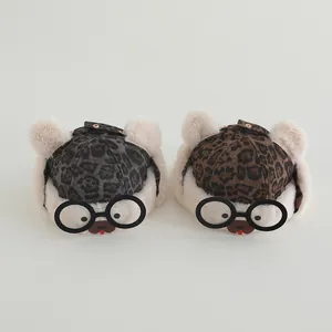Kids leopard print winter aviator hat with warm earflaps and cute glasses design