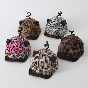Cute Plush Leopard Print Toddler Baseball Cap With Animal Ears And Tail Winter Warm Soft Brim Duck Tongue Hat For Kids