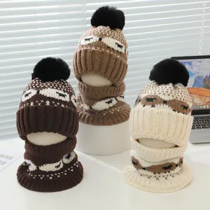 Bonnet Tricoté d'Hiver Et Cache-Col pour Enfants Doublé de Polaire Avec Pompon en Fausse Fourrure Jacquard Animal Coupe-Vent pour Garçons Filles