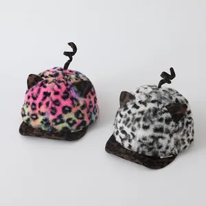 Cute leopard plush baseball hat for toddlers with cat ears and furry pom decoration