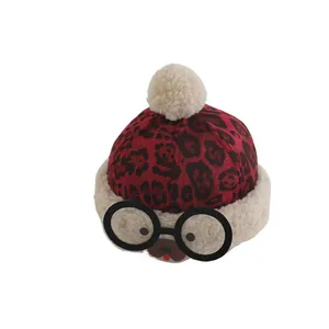 Winter leopard print baby warm hat with cute glasses decor and fluffy pom-pom detail