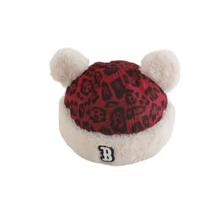 Winter baby leopard print beanie with cute white faux fur ears and B letter logo