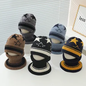 Close-up of star pattern knit hat and neck warmer set for kids in five autumn colors