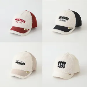 Kids Winter Sherpa Fleece Baseball Cap Quilted Pattern Letter Embroidery Warm Duckbill Hat For Toddler Boys Girls Casual Outdoor Headwear