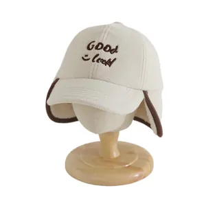Winter fleece earflap baseball cap with GOOD Luck embroidery for warm windproof protection