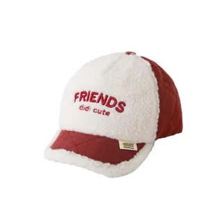 Kids warm sherpa baseball cap in red and white with embroidered FRIENDS letters