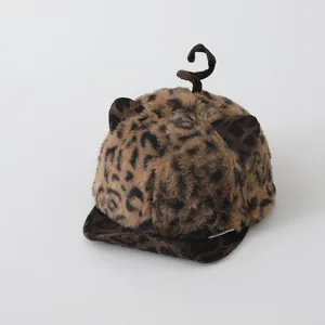 Cute leopard print baby plush baseball cap with 3D ears and curly tail for 1-3 years old