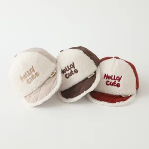 Three-color kids baseball hats with fleece texture, Hello Cute embroidery and quilted detail