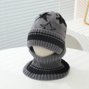 Winter knit baby hat and scarf set with black star pattern for boys and girls