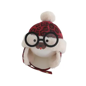 Winter leopard print baby trapper hat with furry pom-pom and decorative glasses