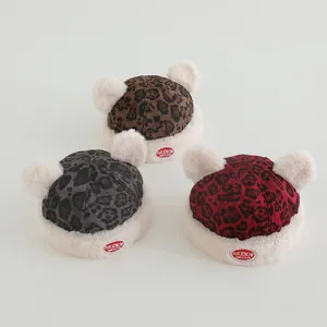 Toddler Winter Leopard Print Hat Cute Plush Bear Ear Pom Pom Skull Cap For Baby Boys Girls Warm Beanie Outdoor Accessories
