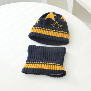 Winter knit hat and scarf set for kids featuring star pattern and blue yellow stripes