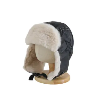 Winter faux leather pilot hat with ear flaps and warm beige faux fur lining