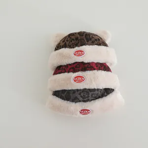 Plush leopard print kids winter hats with bear ears in brown, red and black colors