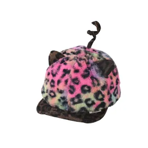 Colorful leopard print toddler plush baseball cap with cute ears and a curly tail design