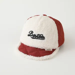 Kids quilted baseball cap in red and white sherpa fleece with Boston embroidery