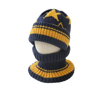 Navy blue knitted winter hat and neck warmer set with yellow star patterns for kids