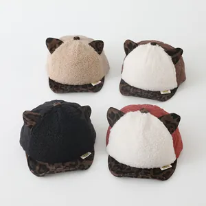 Casquette de Baseball Chaude d'Hiver pour Enfants Oreilles de Chat Léopard Matelassée en Peluche Laine d'Agneau pour Garçons Filles