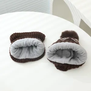 Winter knitted hat and neck warmer set with pompom and warm fleece lining