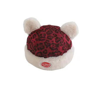 Chinese style leopard print baby winter hat with plush ears and thick faux fur trim