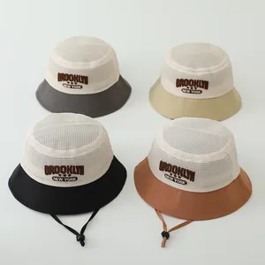 Breathable Mesh Kids Bucket Hat Summer Sun Protection Fisherman Hat With Adjustable Windproof String Embroidery Letter Pattern Toddler Hat
