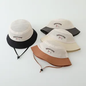 Breathable mesh sun hat for kids with puppy embroidery and adjustable chin strap