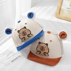 Kids breathable mesh baseball cap with cartoon bear patch and cute ears for summer