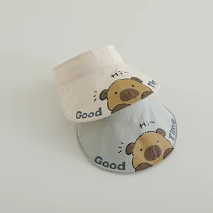Child sun visor hats with capybara cartoon design in beige and green quick-dry fabric