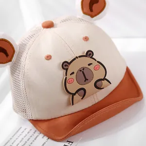 Kids breathable mesh baseball cap with cute capybara patch in beige and orange color