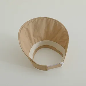Detail of adjustable strap and quick-dry fabric on children khaki sun visor hat