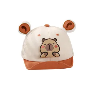 Mesh baby baseball cap with Capybara design in orange and beige color block