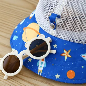 Kids blue space theme sun hat with breathable mesh and round bear ear sunglasses
