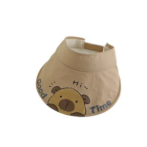 Kids khaki open top sun hat with cartoon bear and wide brim for sun protection
