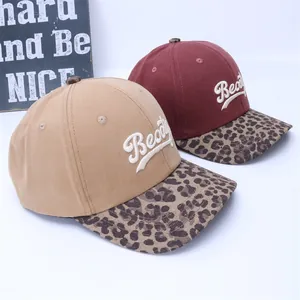 Kids baseball cap with leopard print brim and letter embroidery in khaki and burgundy