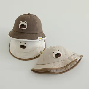 Cute Baby Bear Bucket Hat Cotton Blend Wide Brim Sun Protection Fisherman Hat For Kids 2-4 Years Old Casual Outdoor Beach Hat