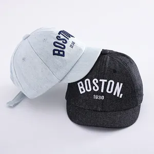 Kids vintage denim baseball caps with BOSTON embroidery in light blue and dark grey