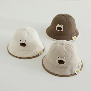 Toddler sun hat with cute bear embroidery in white, dark coffee and beige cotton fabric
