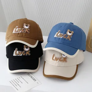 Casquette de Baseball Enfants Ours Dessin Animé Lettre Luck Motif Bordure Contrastée Mélange Coton Protection Solaire Chapeau Réglable Garçons Filles