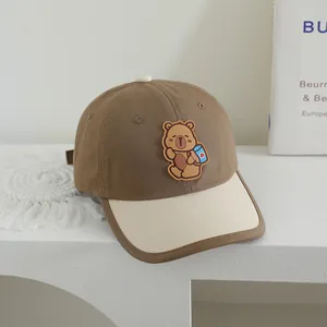 Kids baseball cap with cute bear embroidery and contrast color patchwork design