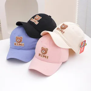 Kids baseball cap with 3D cartoon bear embroidery and KIMI patch in multiple colors