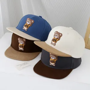 Kids Cartoon Bear Patch Flat Brim Baseball Cap Contrast Color Cotton Blend Sunshade Hat For Boys Girls Hip Hop Street Style